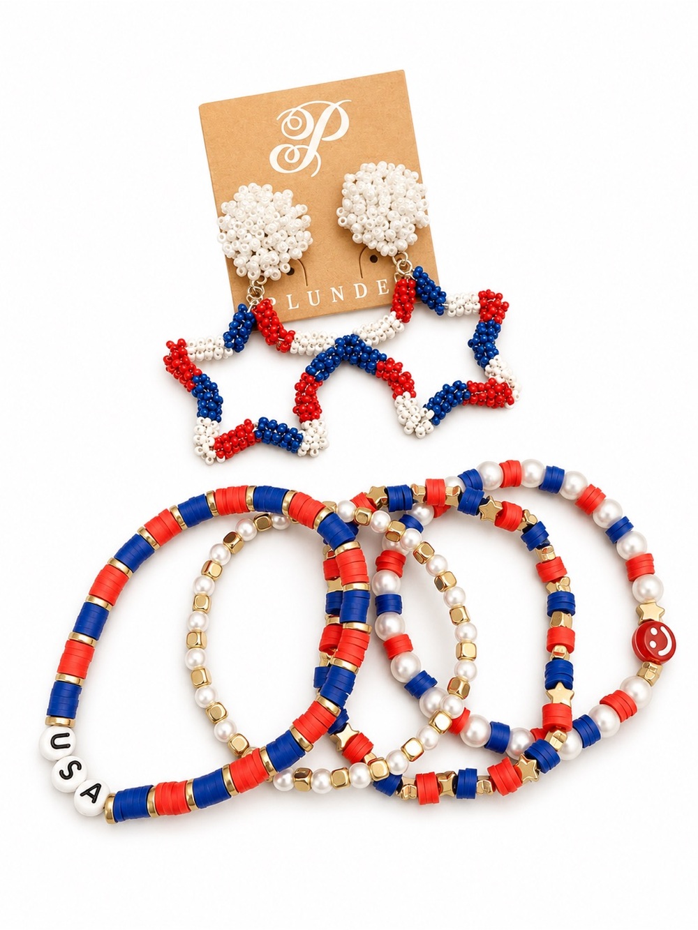 Patriotic Jewelry Bundle USA Bracelets & Star Earrings Rare Plunder Prvt Label